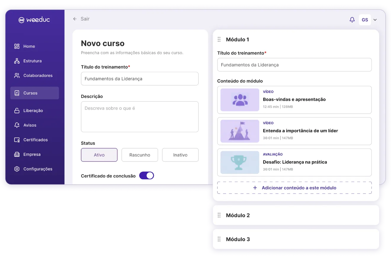 Editor de treinamentos da Weeduc com módulos e aulas